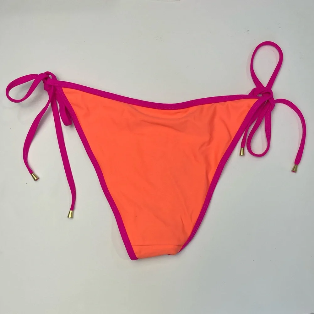 NWT Ramy Brook Bikini Lesia String Bikini Bottoms ColorBlock Pink/Flamingo Small